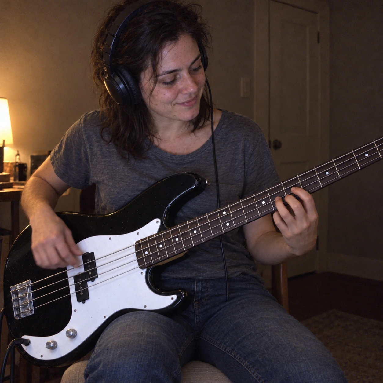 A woman seated at home, enjoying a late-night bass practice with headphones