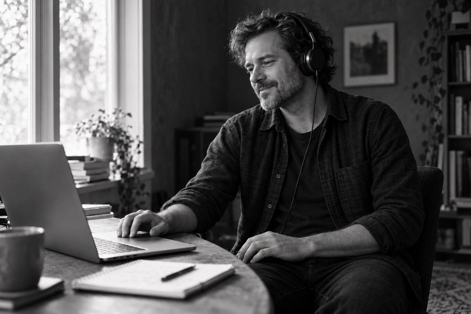 A musician in wired headphones listening back to a recording on his laptop