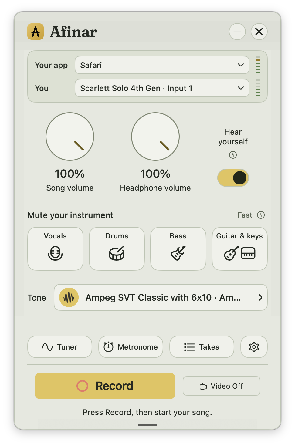 Afinar's recorder with music app and input selectors, volume controls, instrument muting, and Record button