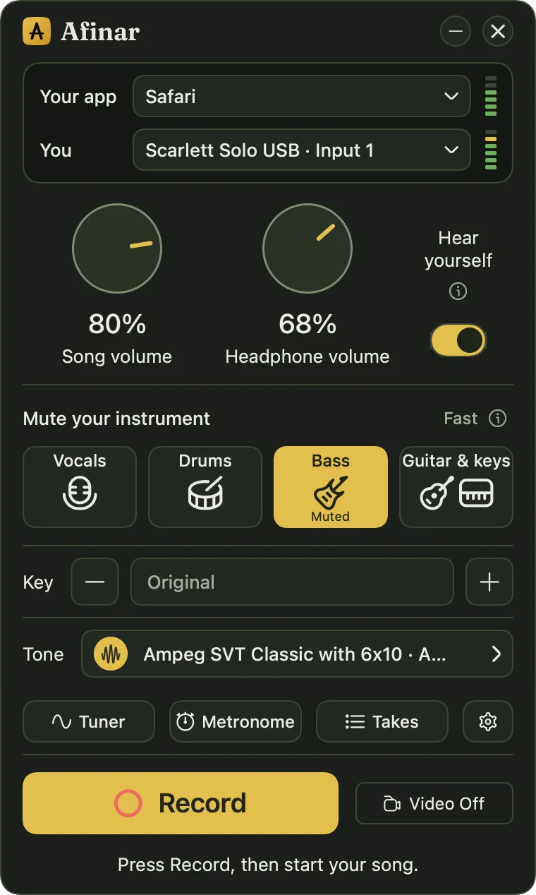 Afinar recorder playing Safari with Bass muted, Hear yourself on, and a TONE3000 Ampeg SVT bass tone